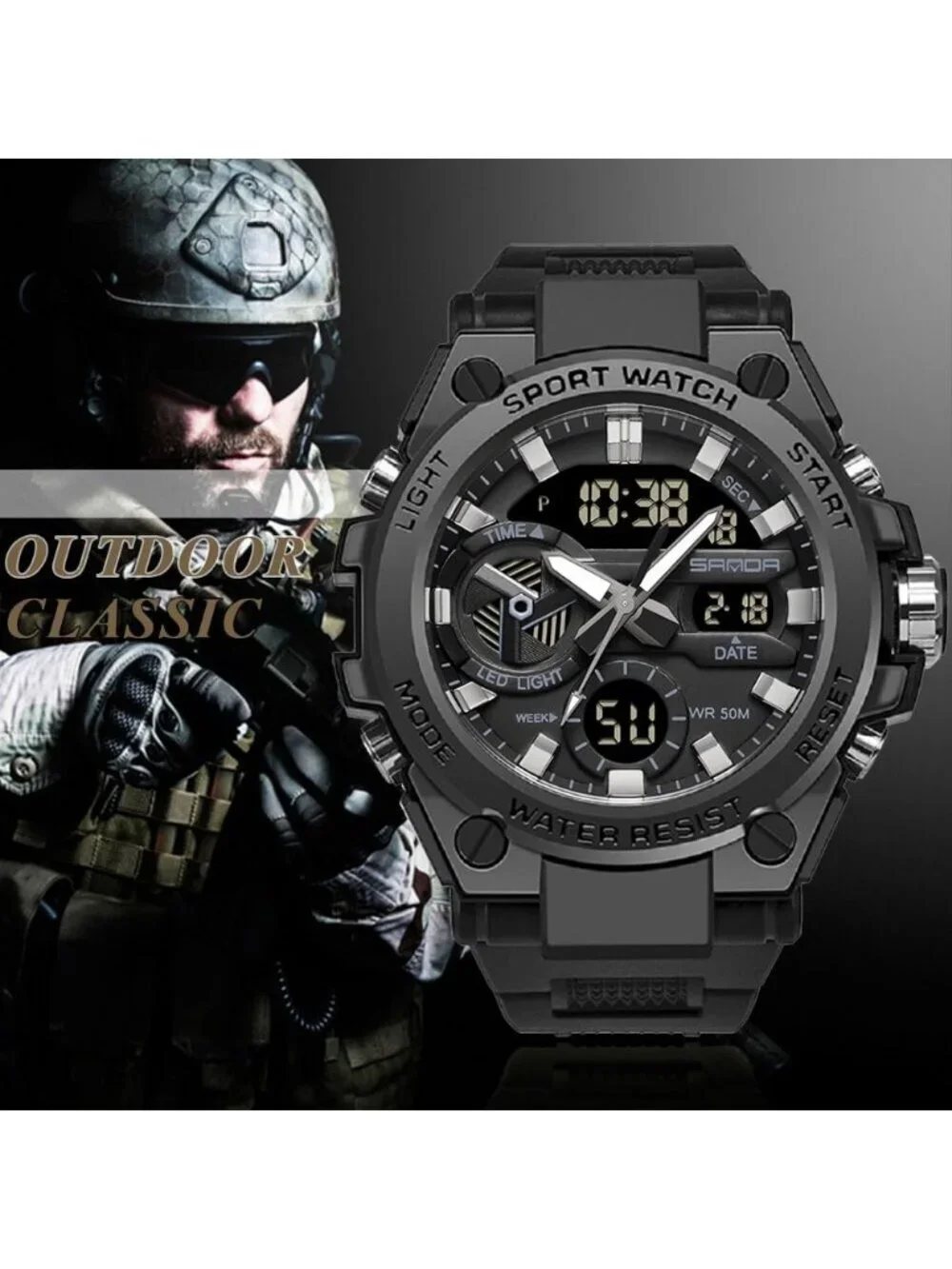 Men's Black Analog Quartz Sports Outdoor Waterproof Military LED Digital Watch